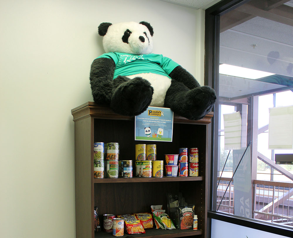 Panda's Food Pantry cabinet of donated items with stuffed Panda bear sitting on top shelf.